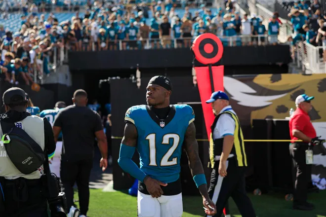 Jacksonville Jaguars wide receiver/cornerback Travis Hunter (12) looks on after the game of an NFL football matchup at EverBank Stadium on Sunday, Sept. 27, 2026, in Jacksonville, Fla. The Jaguars defeated the Patriots 35-6. [Corey Perrine/Florida Times-Union]