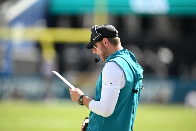 Sep 27, 2026; Jacksonville, Florida, USA; Jacksonville Jaguars head coach Liam Coen stands on the sidelines during the third quarter against the New England Patriots at EverBank Stadium. Mandatory Credit: Melina Myers-Imagn Images