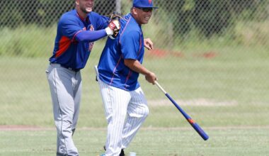 Tim Tebow, left, jokes with outfield coordinator Benny DiStefano at the New York Mets' complex, Monday, Sept. 19, 2016, in Port St. Lucie, Fla. Photo: Wilfredo Lee/AP