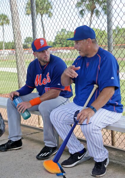 Tim Tebow, left, talks with outfield coordinator Benny DiStefano between drills, Tuesday, Sept. 20, 2016, in Port St. Lucie, Fla. The 2007 Heisman Trophy winner and former NFL quarterback practiced at the New York Mets' complex during his second workout as part of their instructional league team. Photo: Wilfredo Lee/AP