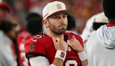 Tampa Bay Buccaneers quarterback Baker Mayfield (6) watches play against the Kansas City Chiefs in the first half an NFL football game, Saturday, Aug. 22, 2026, in Tampa, Fla. (AP Photo/Mark LoMoglio)