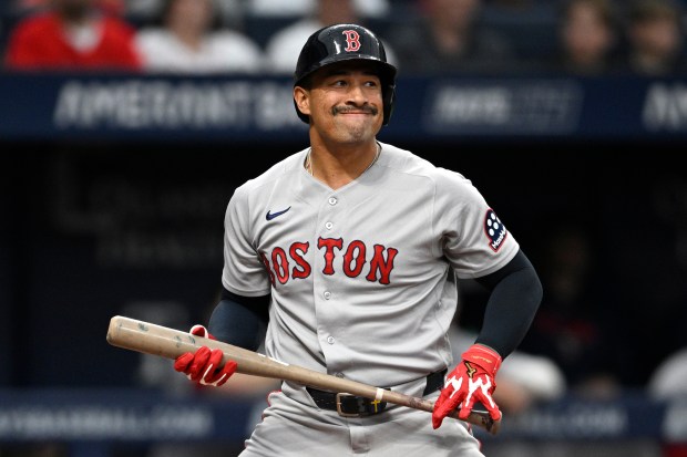 Boston Red Sox's Jahmai Jones reacts after striking out during the eighth inning of a baseball game against the Tampa Bay Rays, Sunday, Sept. 20, 2026, in St. Petersburg, Fla. (AP Photo/Phelan M. Ebenhack)