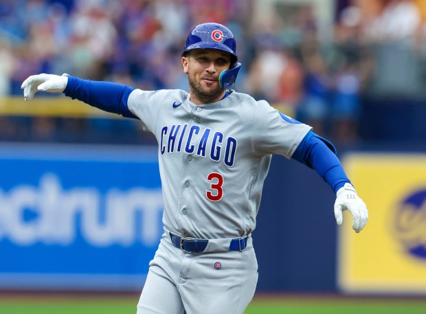 Chicago Cubs designated hitter Alex Bregman celebrates his two-run home run in the first inning of a baseball game against the Boston Red Sox, Sunday, Sept. 27, 2026, in St. Petersburg, Fla. (AP Photo/Chris Urso)