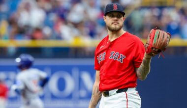 Boston Red Sox starting pitcher Tanner Houck looks on after giving up a two-run home run to Chicago Cubs designated hitter Alex Bregman during the first inning of a baseball game Sunday, Sept. 27, 2026, in St. Petersburg, Fla. (AP Photo/Chris Urso)