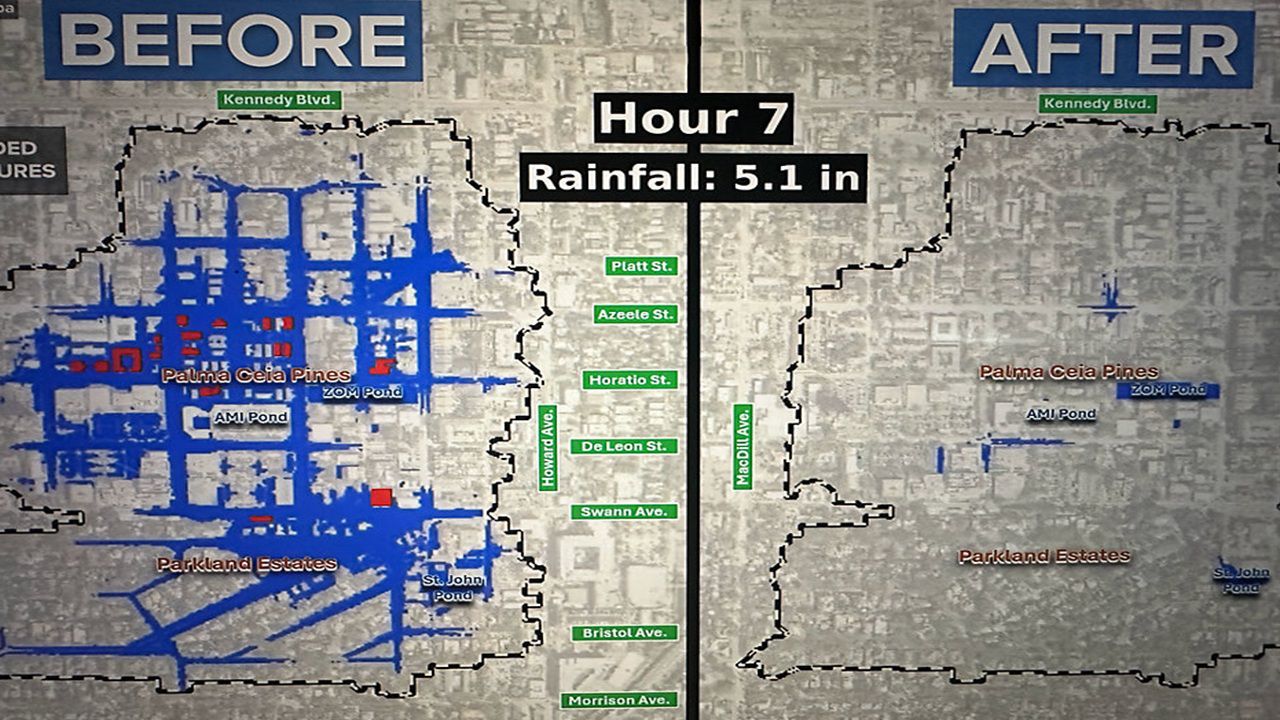 The city of Tampa released a simulation from global engineering firm AtkinsRealis of flooding before and after the completion of the South Howard Flood Relief Project. (City of Tampa)