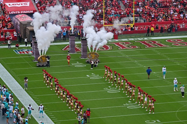 San Francisco 49ers' Mike Evans (5) runs onto the field during player introductions before their NFL game at Levi's Stadium in Santa Clara, Calif., on Sunday, Sept. 20, 2026. (Jose Carlos Fajardo/Bay Area News Group)