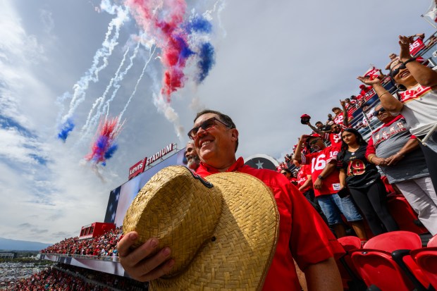 San Francisco 49er fans cheer after playing of the national anthem before their NFL game at Levi's Stadium in Santa Clara, Calif., on Sunday, Sept. 20, 2026. (Jose Carlos Fajardo/Bay Area News Group)