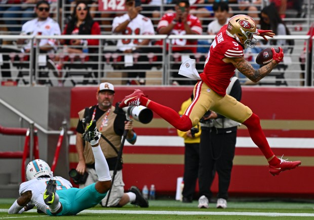 San Francisco 49ers' Brayden Willis (9) leaps out of bounds while running for yardage in the third quarter of their NFL game at Levi's Stadium in Santa Clara, Calif., on Sunday, Sept. 20, 2026. The San Francisco 49ers defeated the Miami Dolphins 35-13. (Jose Carlos Fajardo/Bay Area News Group)