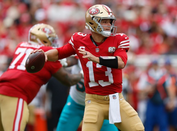 San Francisco 49ers starting quarterback Brock Purdy (13) looks to pass against the Miami Dolphins in the second quarter at Levi's Stadium in Santa Clara, Calif., on Sunday, Sept. 20, 2026. (Nhat V. Meyer/Bay Area News Group)