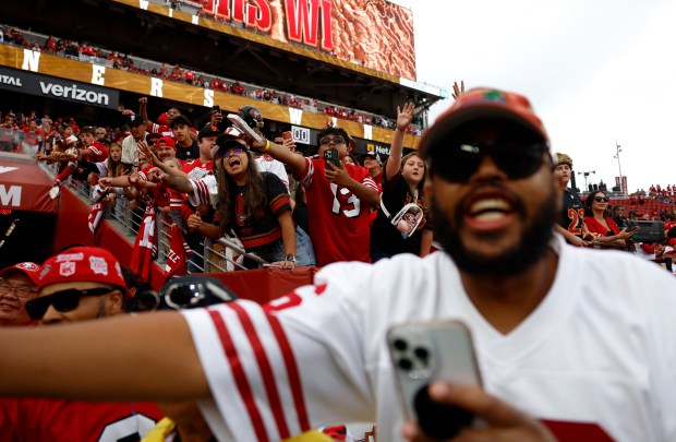 San Francisco 49er fans cheer for their team after the 49ers 35-13 win over the Miami Dolphins at Levi's Stadium in Santa Clara, Calif., on Sunday, Sept. 20, 2026. (Nhat V. Meyer/Bay Area News Group)