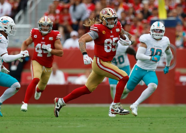 San Francisco 49ers' George Kittle (85) runs after a catch against the Miami Dolphins in the third quarter at Levi's Stadium in Santa Clara, Calif., on Sunday, Sept. 20, 2026. (Nhat V. Meyer/Bay Area News Group)