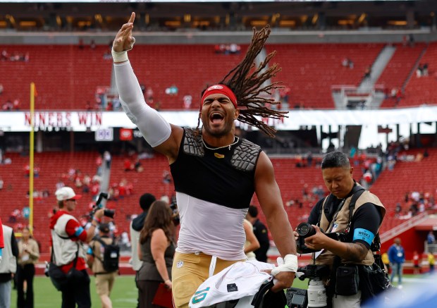 San Francisco 49ers' Fred Warner (54) leaves the field after their 35-13 win over the Miami Dolphins at Levi's Stadium in Santa Clara, Calif., on Sunday, Sept. 20, 2026. (Nhat V. Meyer/Bay Area News Group)