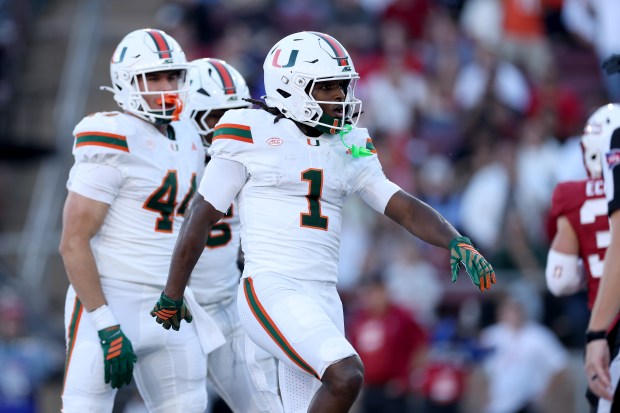 STANFORD, CALIFORNIA - SEPTEMBER 04: Malachi Toney #1 of the Miami (FL) Hurricanes reacts after he scored his second touchdown of the first half against the Stanford Cardinal at Stanford Stadium on September 04, 2026 in Stanford, California.  (Photo by Ezra Shaw/Getty Images)