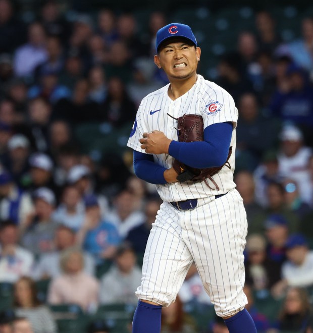 Cubs starting pitcher Shota Imanaga makes a facial expression after hitting Marlins designated hitter Kyle Stowers with a pitch in the first inning at Wrigley Field on Sept. 22, 2026, in Chicago. (John J. Kim/Chicago Tribune)