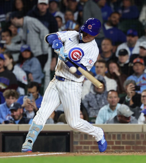 Cubs center fielder Pete Crow-Armstrong swings for a single in the sixth inning against the Marlins at Wrigley Field on Sept. 22, 2026, in Chicago. (John J. Kim/Chicago Tribune)