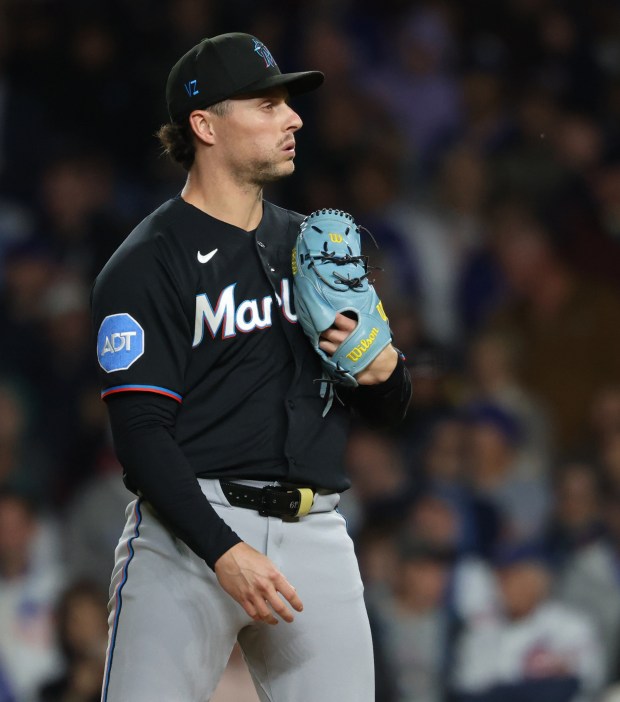 Marlins pitcher Calvin Faucher exhales after loading the bases in the sixth inning against the Cubs at Wrigley Field on Sept. 22, 2026, in Chicago. (John J. Kim/Chicago Tribune)
