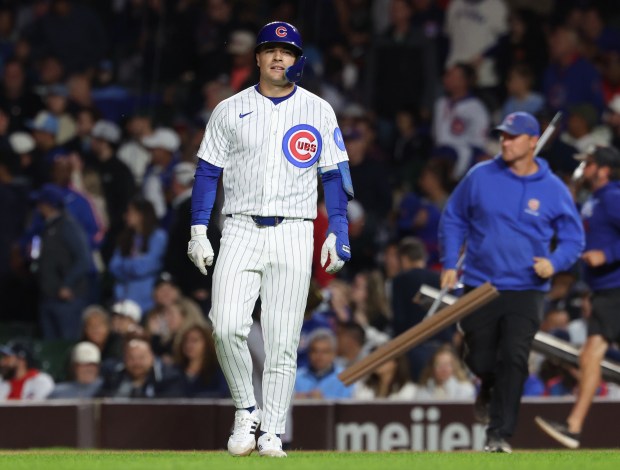 Cubs designated hitter Matt Shaw heads to the dugout after flying out to end the seventh inning against the Marlins at Wrigley Field on Sept. 22, 2026, in Chicago. (John J. Kim/Chicago Tribune)