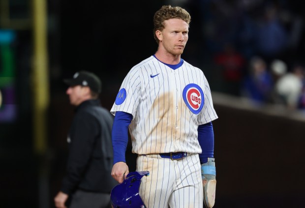 Cubs center fielder Pete Crow-Armstrong heads to the dugout at the end of the 11th inning against the Marlins at Wrigley Field on Sept. 22, 2026, in Chicago. (John J. Kim/Chicago Tribune)