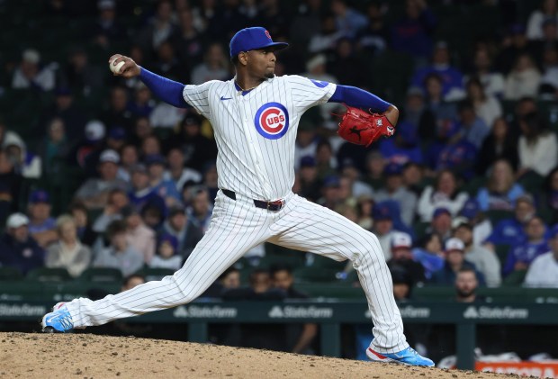Cubs pitcher Edward Cabrera throws against the Marlins in the 12th inning at Wrigley Field on Sept. 22, 2026, in Chicago. (John J. Kim/Chicago Tribune)