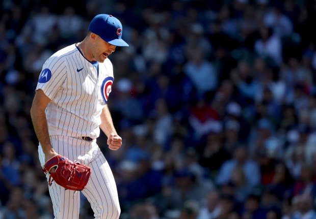Cubs starter Matthew Boyd celebrates after inducing a double play off a ground ball to end the top of the fourth inning against the Marlins on Thursday, Sept. 24, 2026, at Wrigley Field. (Chris Sweda/Chicago Tribune)