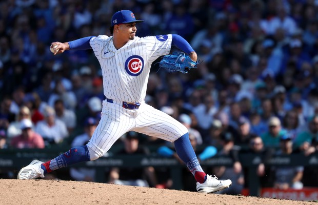 Cubs reliever Daniel Palencia delivers against the Marlins in the eighth inning Thursday, Sept. 24, 2026, at Wrigley Field. (Chris Sweda/Chicago Tribune)