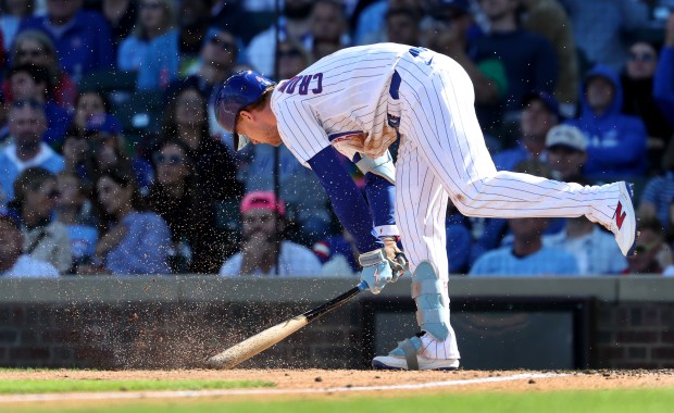 Cubs center fielder Pete Crow-Armstrong slams his bat to the ground in frustration after popping out in the seventh inning against the Marlins on Thursday, Sept. 24, 2026, at Wrigley Field. (Chris Sweda/Chicago Tribune)