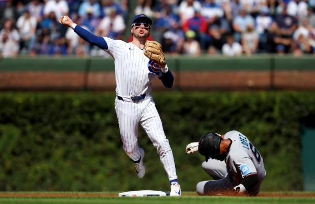 Cubs second baseman Nico Hoerner throws to first base to complete a double play after forcing out Marlins shortstop Otto Lopez at second in the first inning Thursday, Sept. 24, 2026, at Wrigley Field. (Chris Sweda/Chicago Tribune)