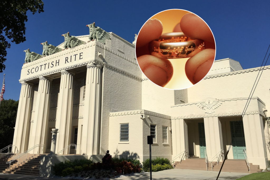The exterior of Scottish Rite Temple in Miami plus the Ring from The Lord of the Rings