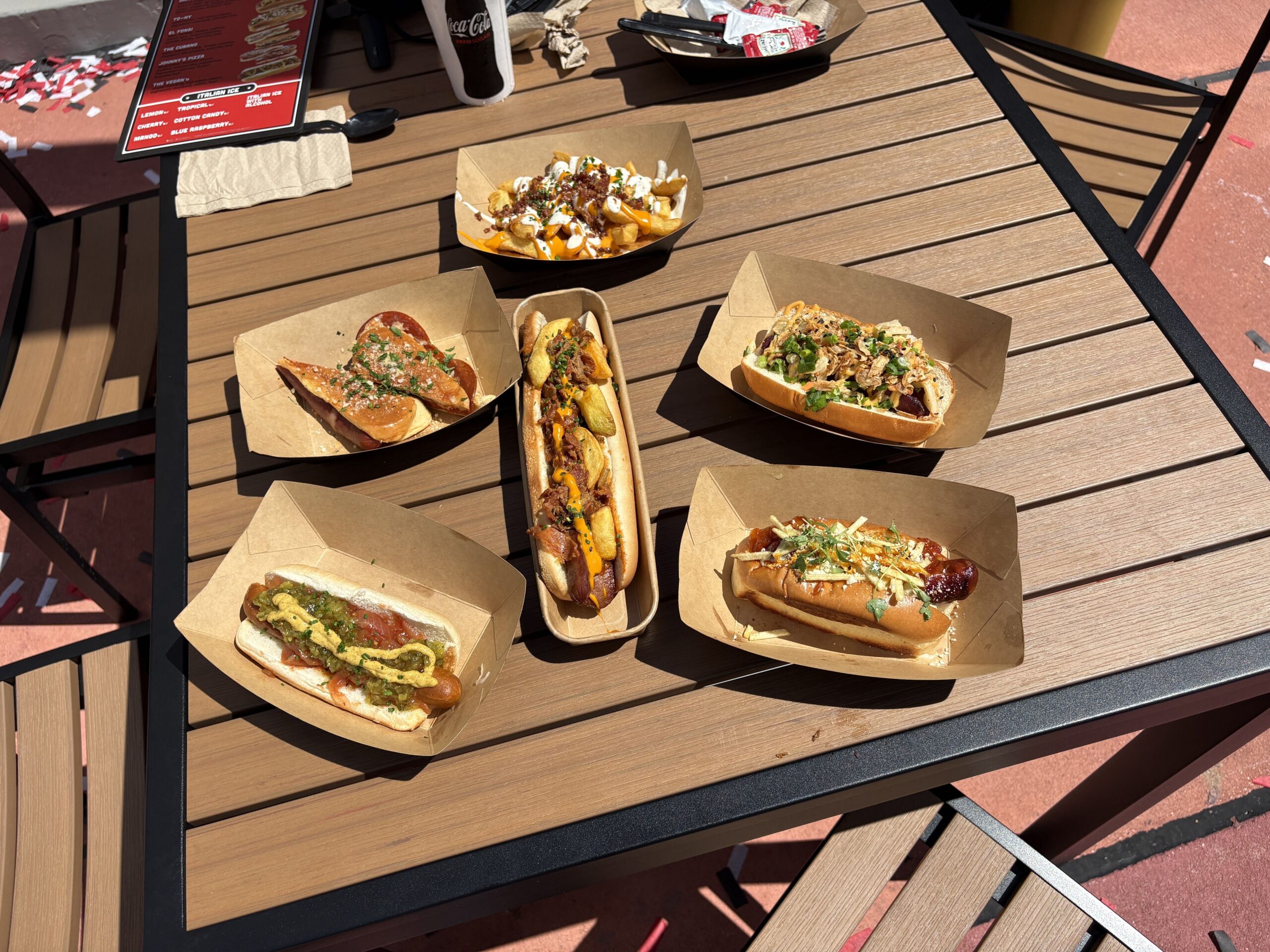 Hot dogs and loaded fries from Fat One's Hot Dogs & Italian Ice at Universal CityWalk Orlando