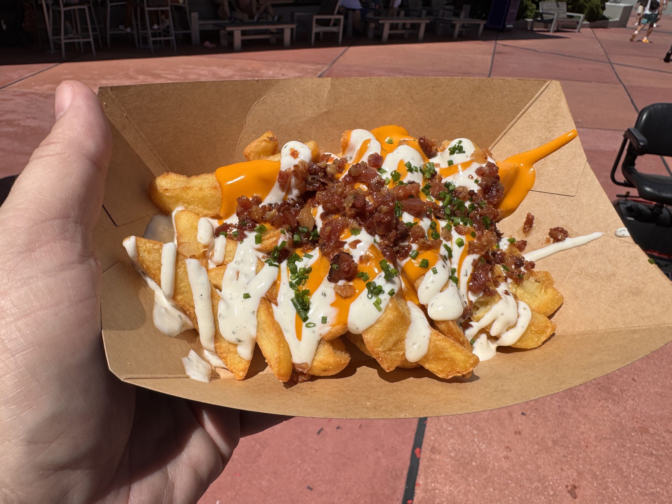 Loaded fries with bacon, ranch, cheese, and chives from Fat One's Hot Dogs & Italian Ice at Universal CityWalk Orlando