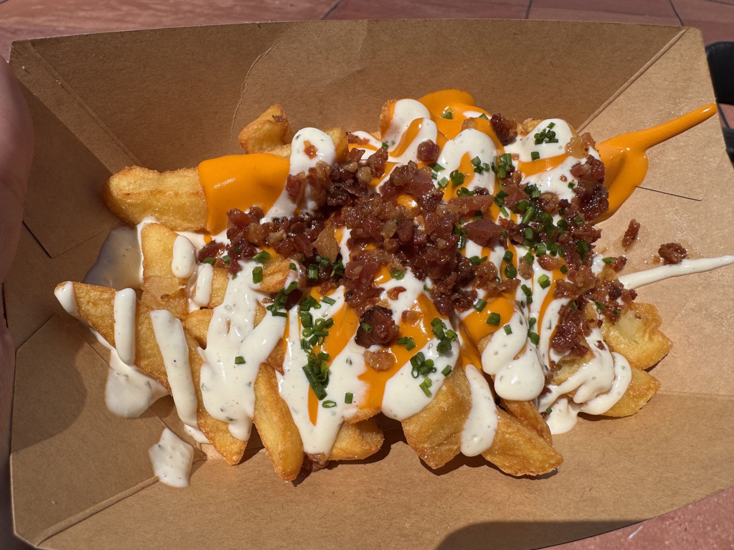Loaded fries with bacon, ranch, cheese, and chives from Fat One's Hot Dogs & Italian Ice at Universal CityWalk Orlando