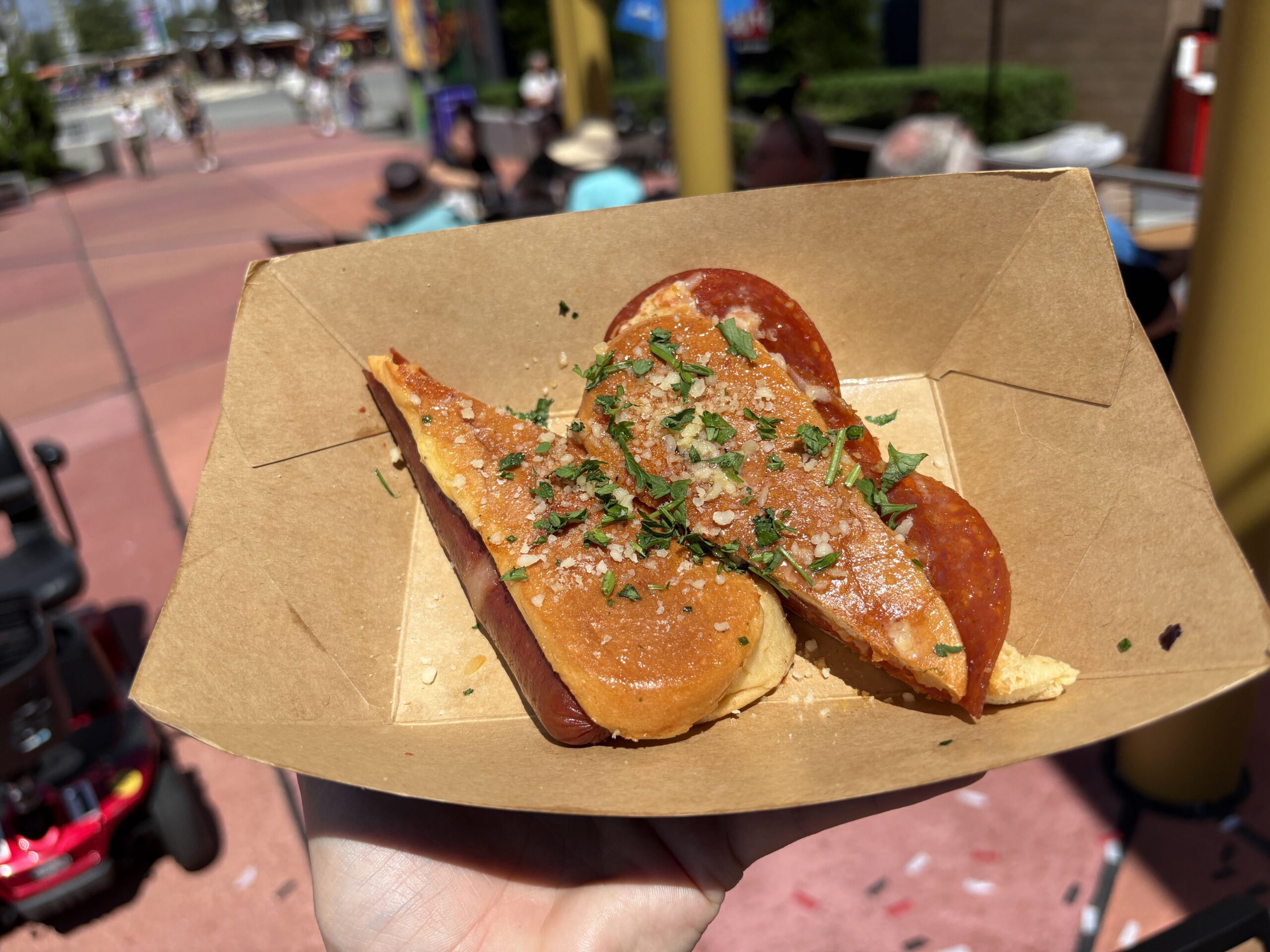 Johnny's Pizza hot dog from Fat One's Hot Dogs & Italian Ice at Universal CityWalk Orlando