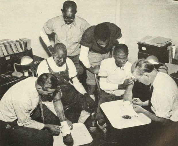 Researchers tested insecticides on human subjects, including Black participants, exposing treated and untreated skin to lice to measure effectiveness. (From the 1948 Annual Report of the Board of Regents of the Smithsonian Institution)