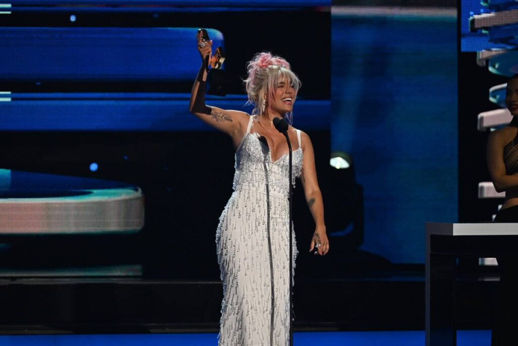 CORAL GABLES, FLORIDA - OCTOBER 05: Karol G speaks onstage during the 2023 Billboard Latin Music Awards at Watsco Center on October 05, 2023 in Coral Gables, Florida.