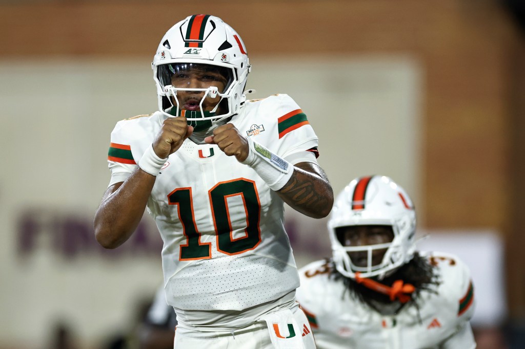 Darian Mensah celebrates following a touchdown pass during the first half of the game against the Wake Forest Demon Deacons at Allegacy Federal Credit Union Stadium on September 18, 2026 in Winston-Salem, North Carolina. 