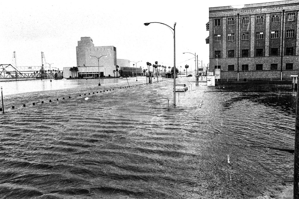 Water inundates first floor of Jacksonville Utilities building on Pearl Street.