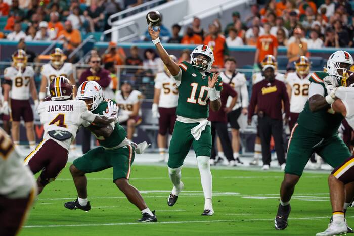Mensah throws for 338 yards and 3 TDs, No. 6 Miami rolls past Central Michigan 52-3
