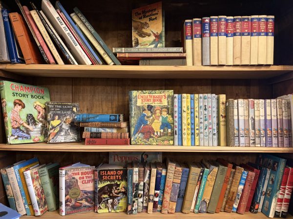 Vintage bookshelf shows older children's books like "Island of Secrets"