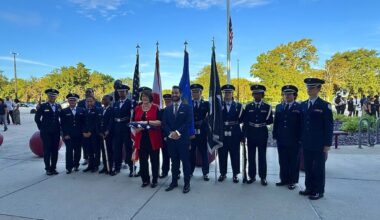 Mayor Nick Nesta, OCPS Superintendent Maria Vazquez, Principal Anthony Russell and OCPS Senior Director of Government Relations Marquise McMiller pose with Wekiva High School AFJROTC cadets.
