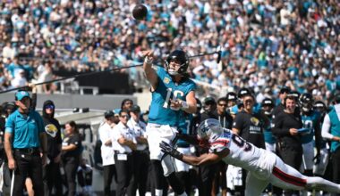 Jacksonville Jaguars quarterback Trevor Lawrence (16) passes against New England Patriots linebacker Elijah Ponder (91) in the second half during an NFL football game in Jacksonville, Fla., Sunday, Sept. 27, 2026. (AP Photo/Phelan M. Ebenhack)