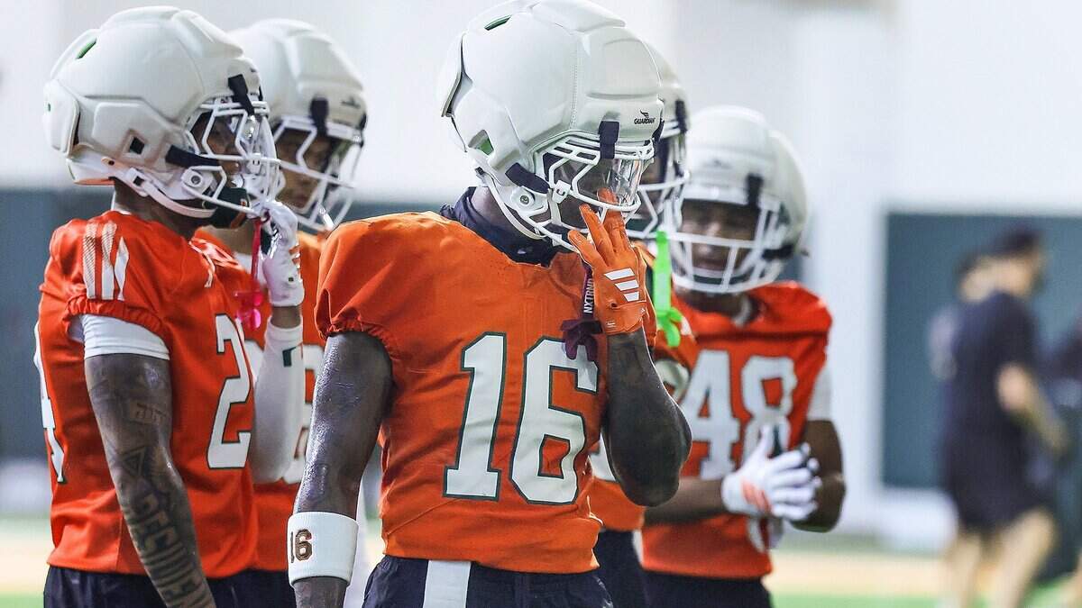 Defensive back Ja'Boree Antoine (16) preps for a drill as Miami Hurricanes football team practiced on Wednesday, Aug. 5, 2026, at the Carol Soffer Indoor Practice Facility in Coral Gables, Fla.