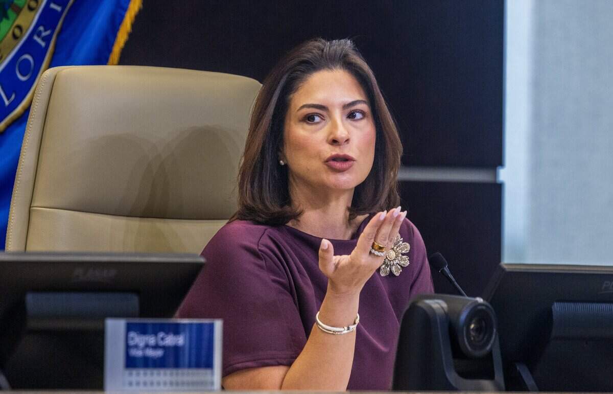 City of Doral Mayor Christi Fraga speaks during a meeting where the City Council approved the employment agreement for incoming Police Chief Matthew Castillo as the current Police Chief Edwin Lopez appeared in front of the council before his departure, at City Hall on Wednesday June 10, 2026.