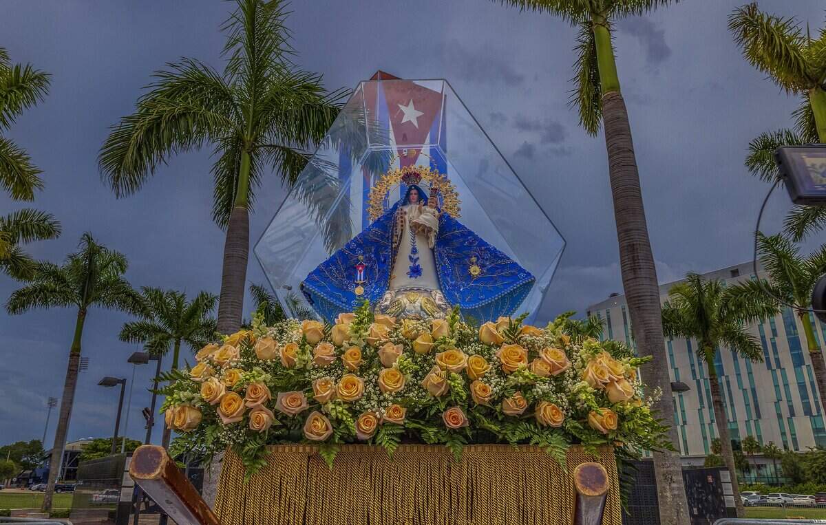 A vehicle procession arrives with the blessed statue of Our Lady of Charity ahead of the celebration of a Solemn Mass celebrating the 65th Anniversary of the Arrival of the Image of Our Lady of Charity in Miami, presided over by Reverend Thomas Wenski, Archbishop of Miami celebrated at the Miami-Dade Fair & Exposition, in West Miami, on Tuesday September 08, 2026.