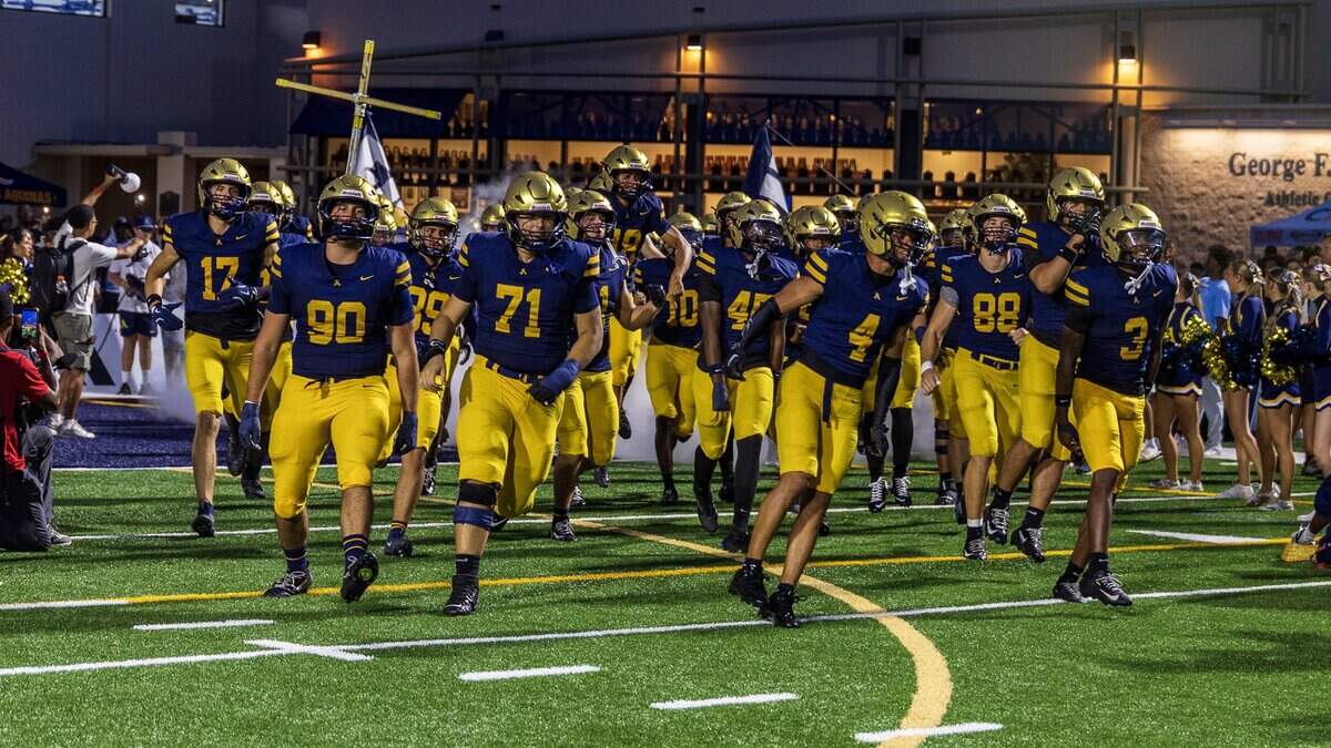 Aquinas' players comes out to the field for their game against the DeSoto High part of the 2026 Broward County National High School Football Showcase, in Fort Lauderdale , Florida, on Saturday August 29, 2026.