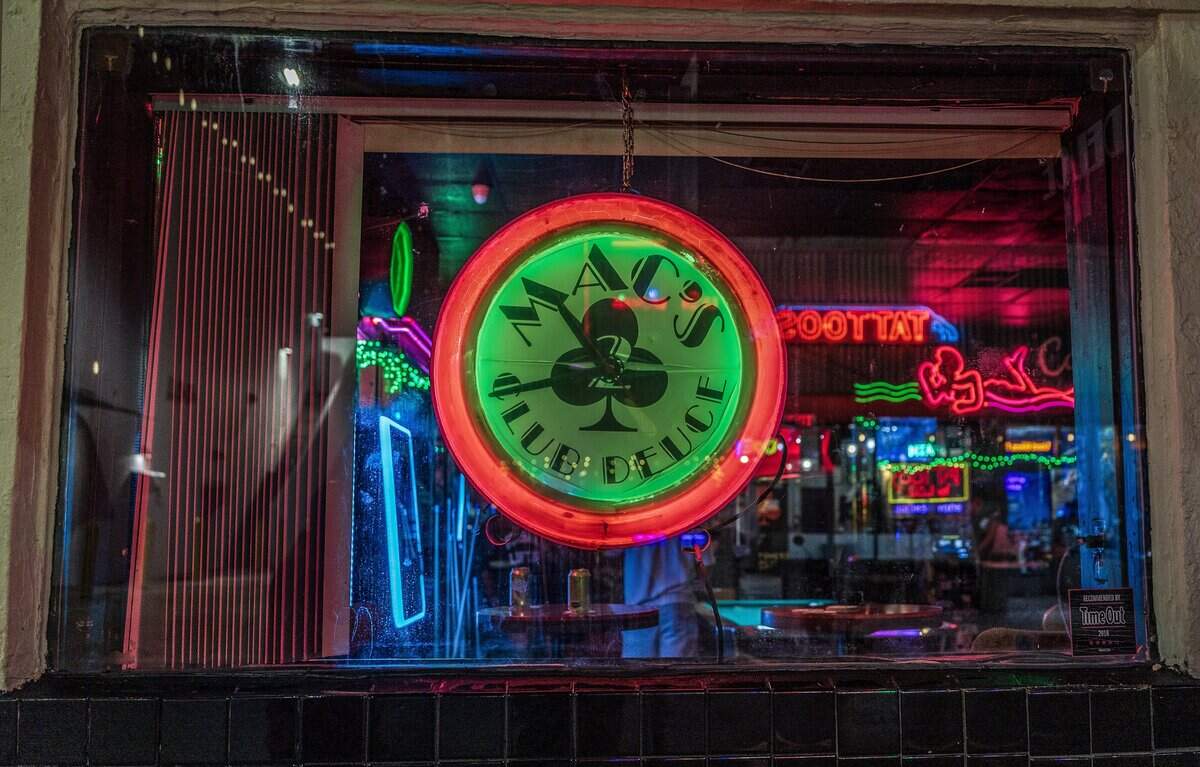 Window view at Mac's Club Deuce.