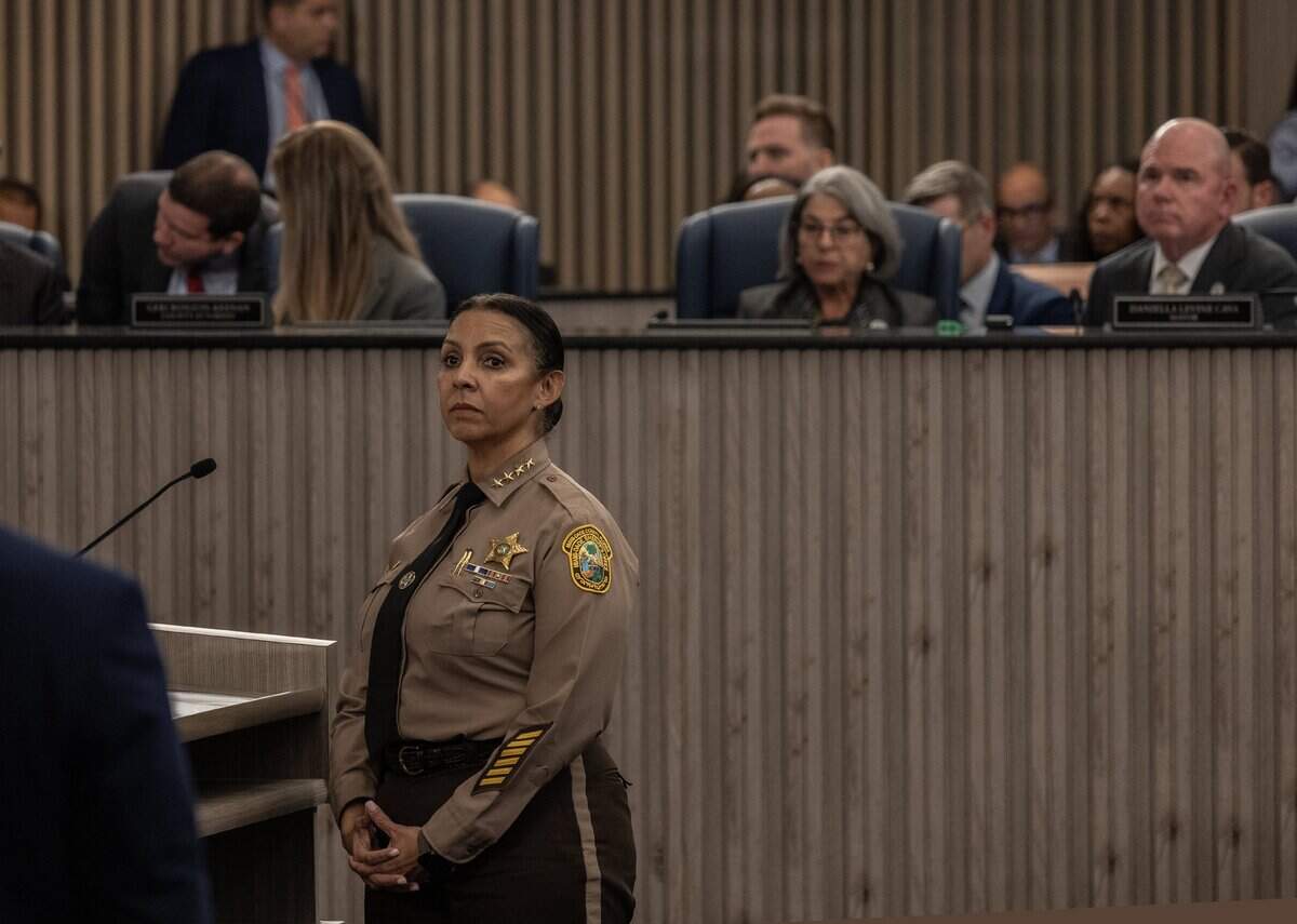 Miami-Dade County Sheriff Rosie Cordero-Stutz listens as Commissioner Juan Carlos "JC" Bermudez speaks about the Sheriff department budget, during the second budget hearing for fiscal year 2026-27, at the County Commission Chambers, on Thursday September 17, 2026.