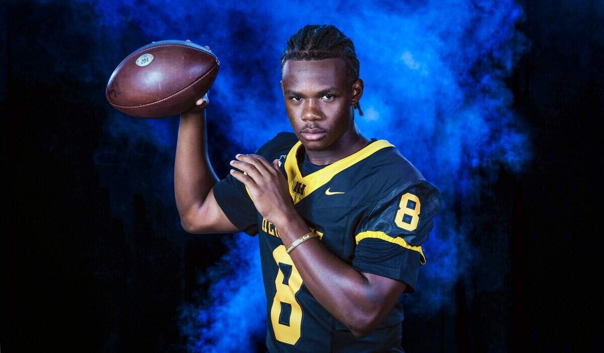 American Heritage High School quarterback Neimann Lawrence at High School Football Media Day at Hard Rock Stadium in Miami Gardens, Florida, Saturday, August 15, 2026.