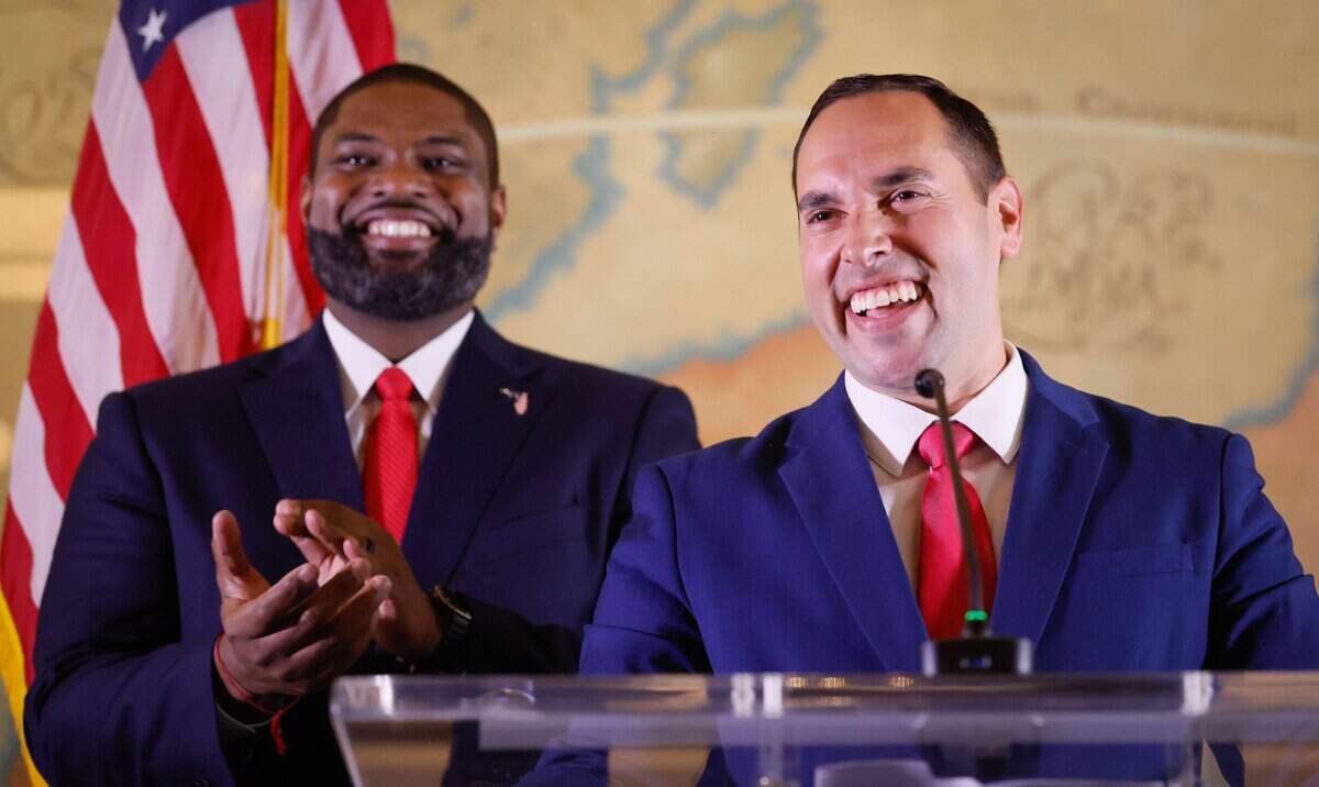 U.S. Rep. Byron Donalds, left, appears with Florida state Sen. Bryan Ávila at the Freedom Tower in downtown Miami on Tuesday, August 25, 2026. Donalds announced Ávila as his running mate in his campaign for governor. Ávila sponsored the Resiliency and Safe Structures Act, which critics say could lead to the demolition of Art Deco buildings in Miami Beach. 