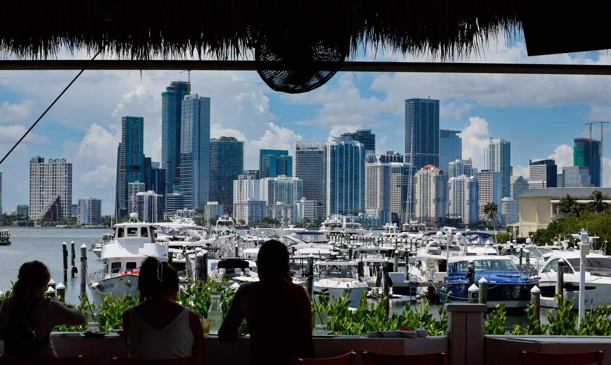 The view of the Rickenbacker Marina and the Miami skyline from Gramps Getaway, a waterfront bar & restaurant at the marina. The City of Miami is proposing to allow a 195-acre mooring field in the basin on Virginia Key. Meanwhile, Miami voters just approved an operator for Miami Marine Stadium, and a November ballot referendum will ask voters to green-light a new operator for the Rickenbacker Marina, also on Virginia Key in Miami, Florida, on Wednesday, August 26, 2026.