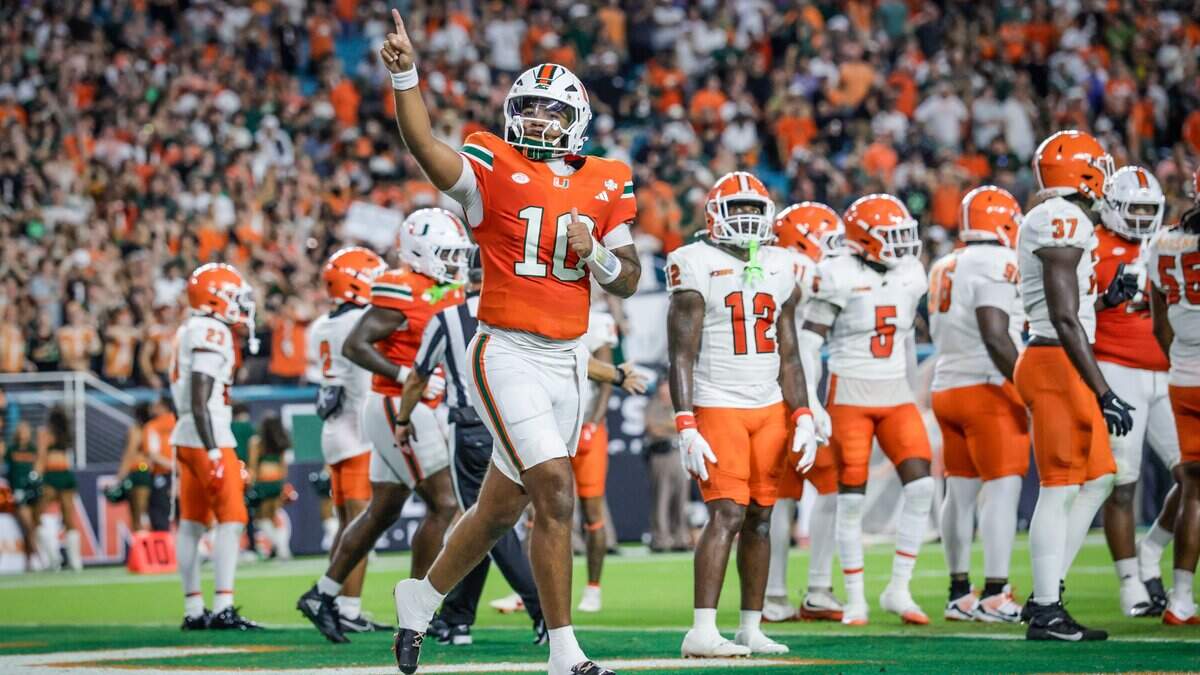 Miami Hurricanes quarterback Darian Mensah (10) reacts after running back Mark Fletcher Jr. (4) scores in the first half against Florida A&M Rattlers at Hard Rock Stadium at Miami Gardens on Thursday, September 10, 2026.
